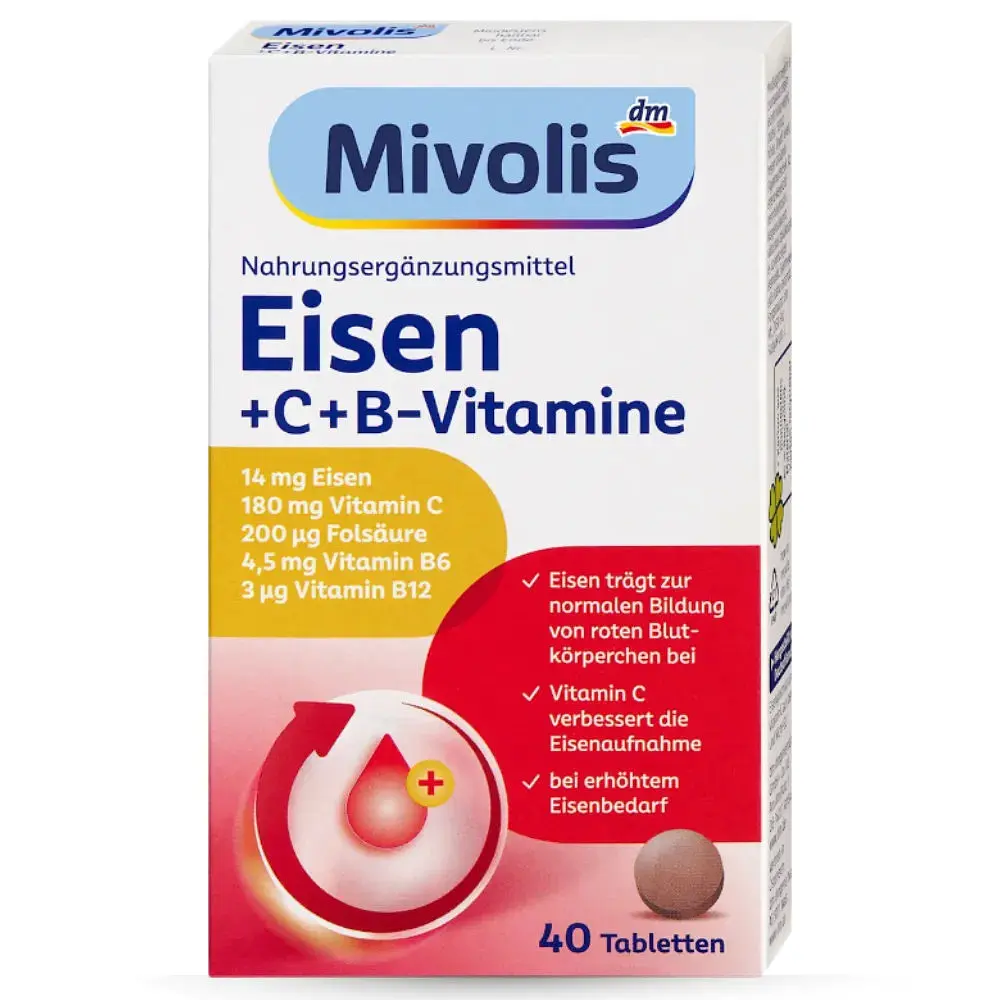 Залізо + вітамін С + вітаміни групи В Mivolis Eisen + Vitamin C + B-Vitamine 40 таблеток, 25 г