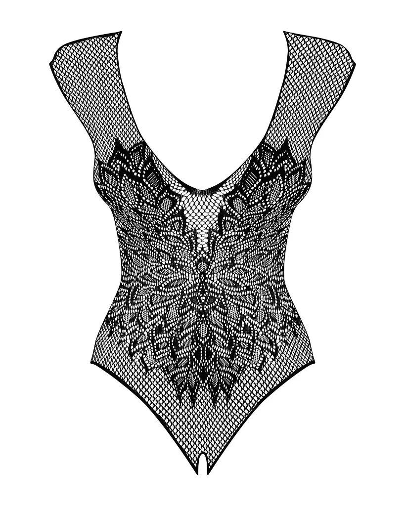 Бодістокінг із великої сітки з мереживом Obsessive B112 teddy S/M/L, чорний, з доступом - фото 4