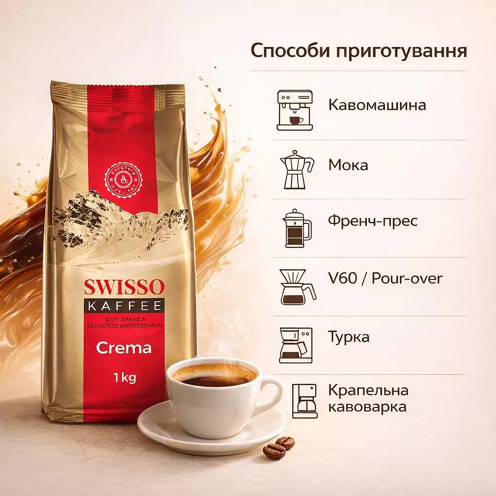 Кава в зернах Swisso Kaffee Crema 100% Arabica 1 кг натуральна зернова кава для кавомашини - фото 5