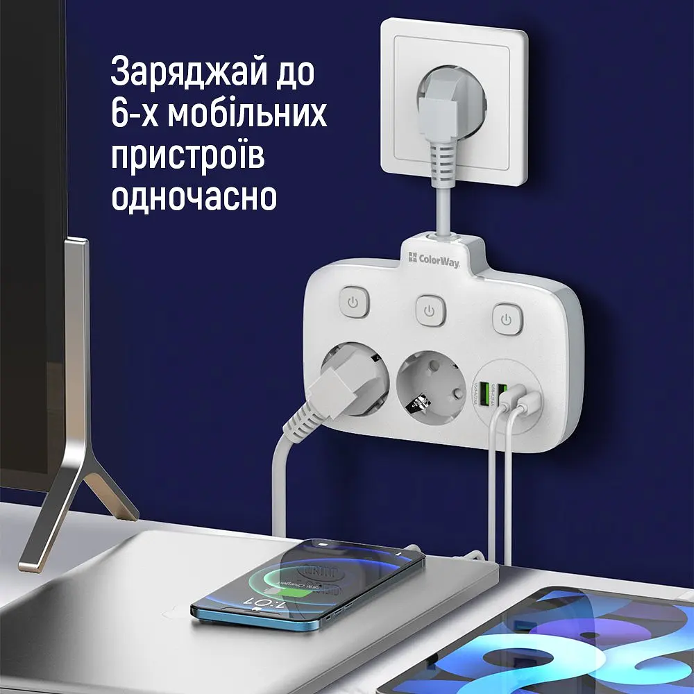 Мережевий фільтр СolorWay 2 розетки / 3USB / 1xTYPE-C White (CW-CHE24PDW) - фото 8