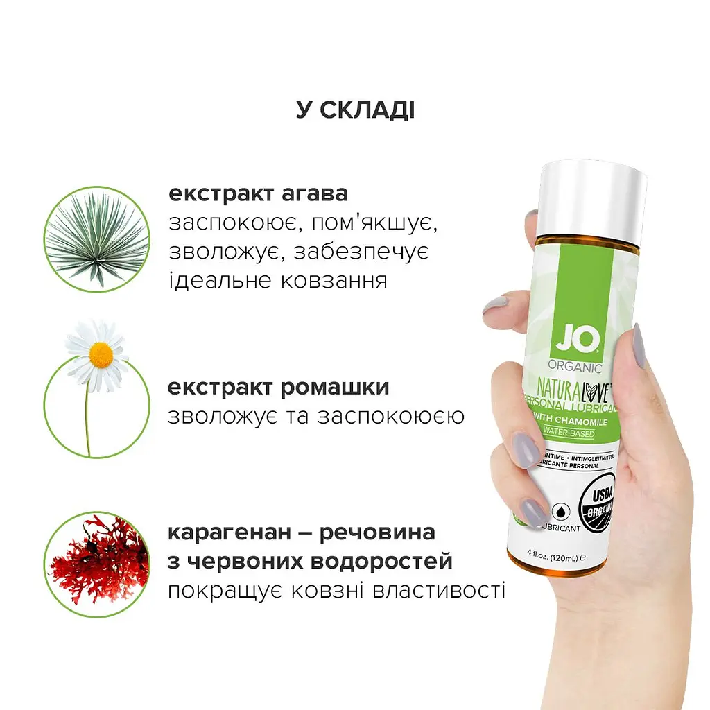 Змазка на водній основі JO NATURALOVE — ORGANIC (120 мл) з екстрактом листя агави та ромашки - фото 5