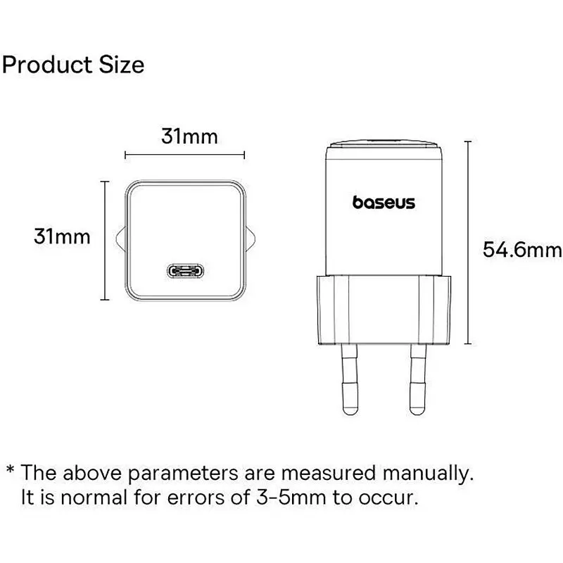 Мережевий зарядний пристрій Baseus Palm Fast Charger USB-C 30W + Cable USB-C to USB-C 60W 1m Moon White (P10111605213-01) [172514] - фото 8