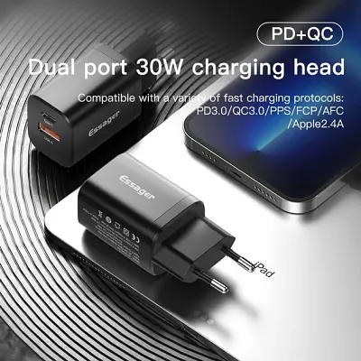 Зарядний пристрій Essager 1xUSB + 1xUSB-C PD 30 Вт чорний (ECTPQS-ZTB01) - фото 2