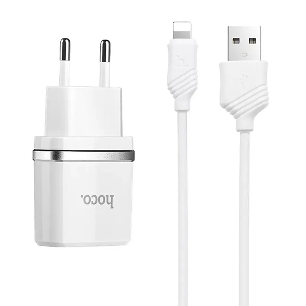 Адаптер питания 2 USB Hoco C12 + Юсб кабель для iPhone набор белый 6957531047766 - фото 2