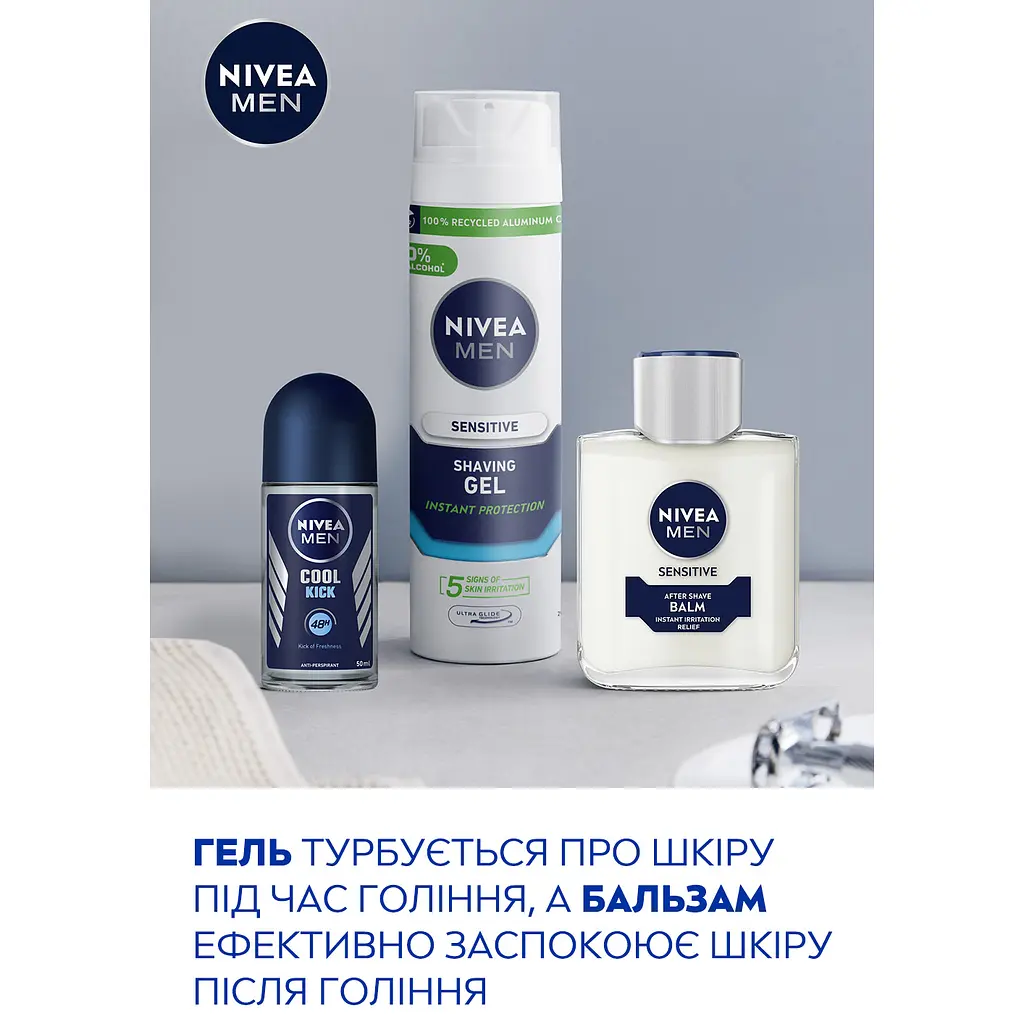 Набор мужской Nivea Men Sensetive Care 2024: Гель для бритья 200 мл + Бальзам после бритья 100 мл + Антиперспирант Cool kick 50 мл + Косметичка 1шт. - фото 5