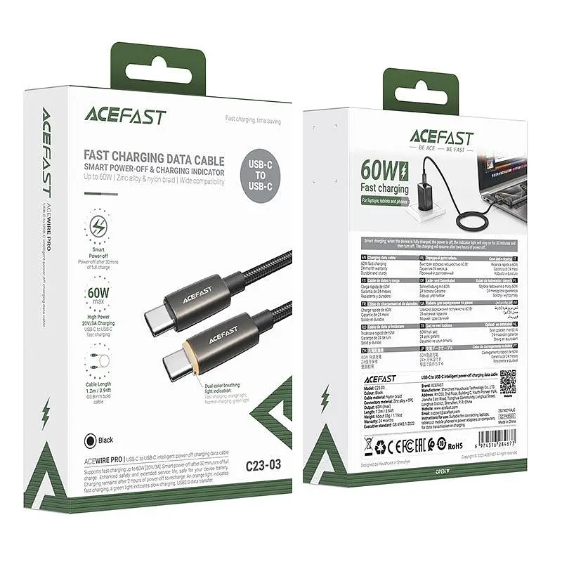 Кабель ACEFAST USB-C до USB-C інтелектуальна напруга підтримує кабель C23-03 |1.2m, 60W/3A| - фото 2
