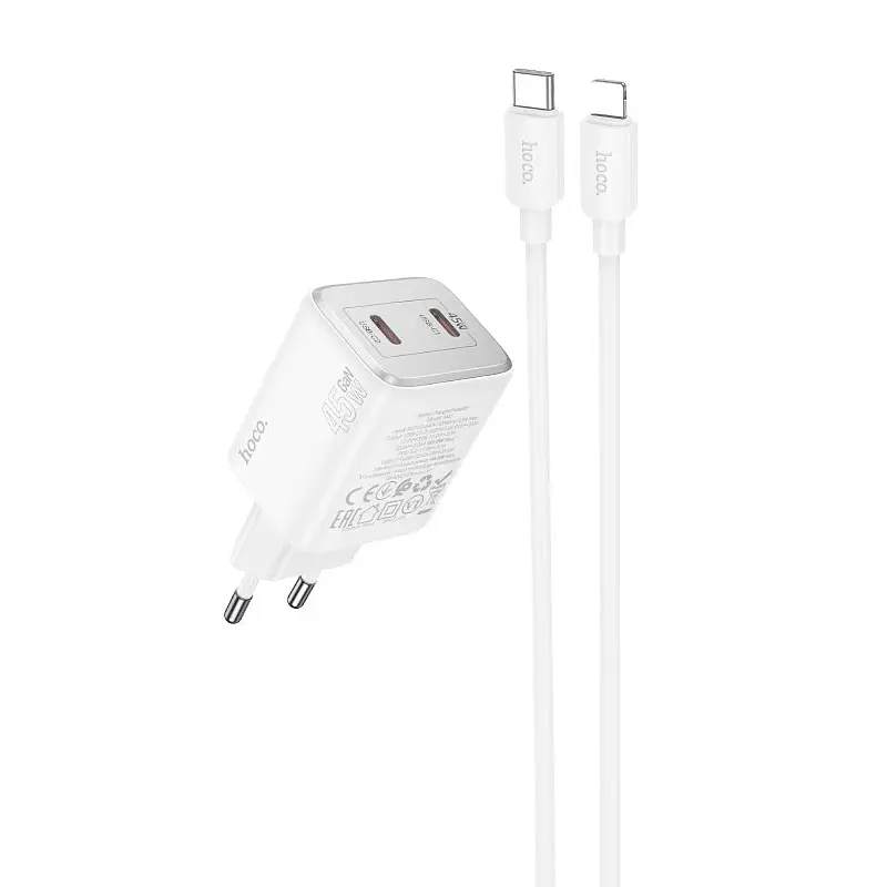 Набір СЗУ HOCO N42 + кабель Lighting, 2xUSB-C, PD45W, кабель 1м, White, Box - фото 4