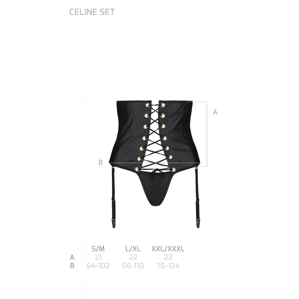 Пояс-корсет з екошкіри Passion CELINE SET S/M, black, шнурівка, знімні пажі для панчіх, стрінги - фото 7