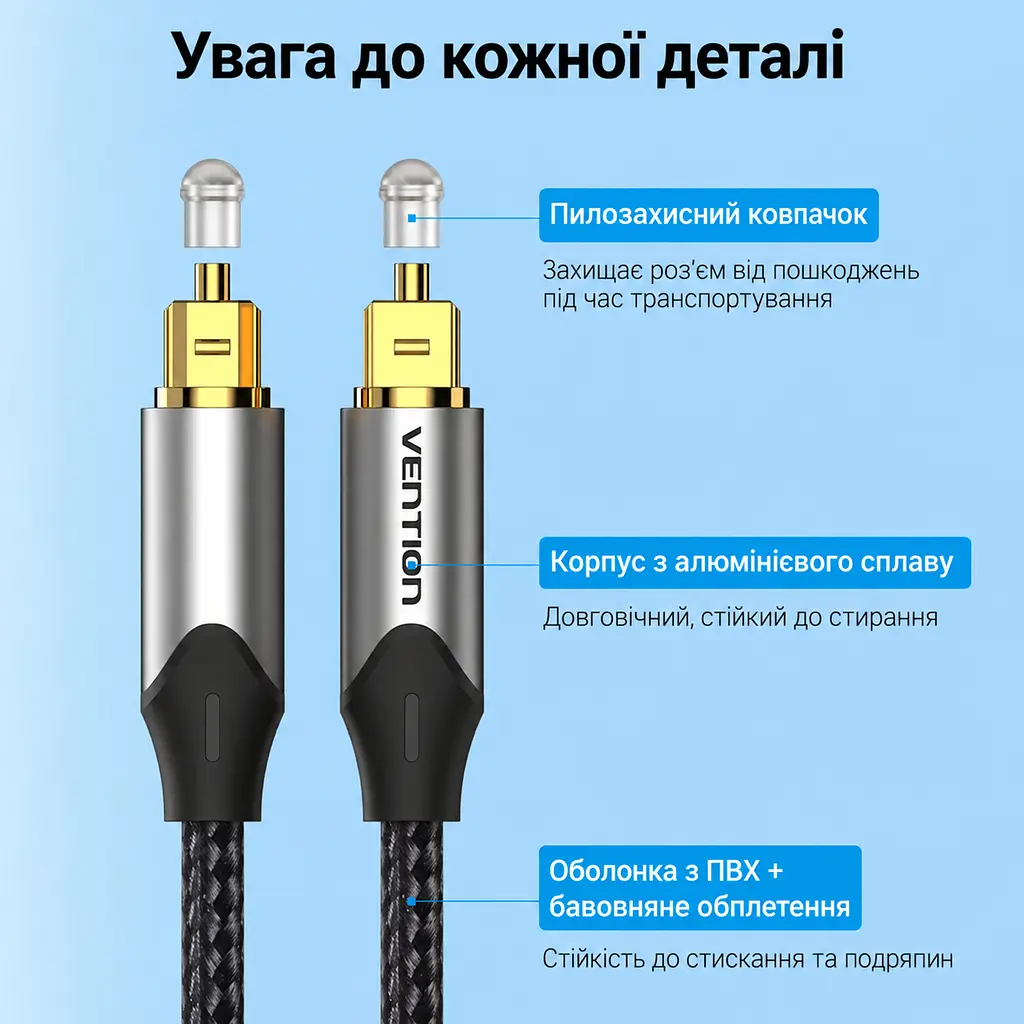 Оптичний аудіокабель Vention 2 м тослінк Toslink S/PDIF штекер на обох кінцях передавання звуку 5.1 підтримка Dolby DTS PCM у бавовняному обплетенні сірий (BAVHH) - фото 2