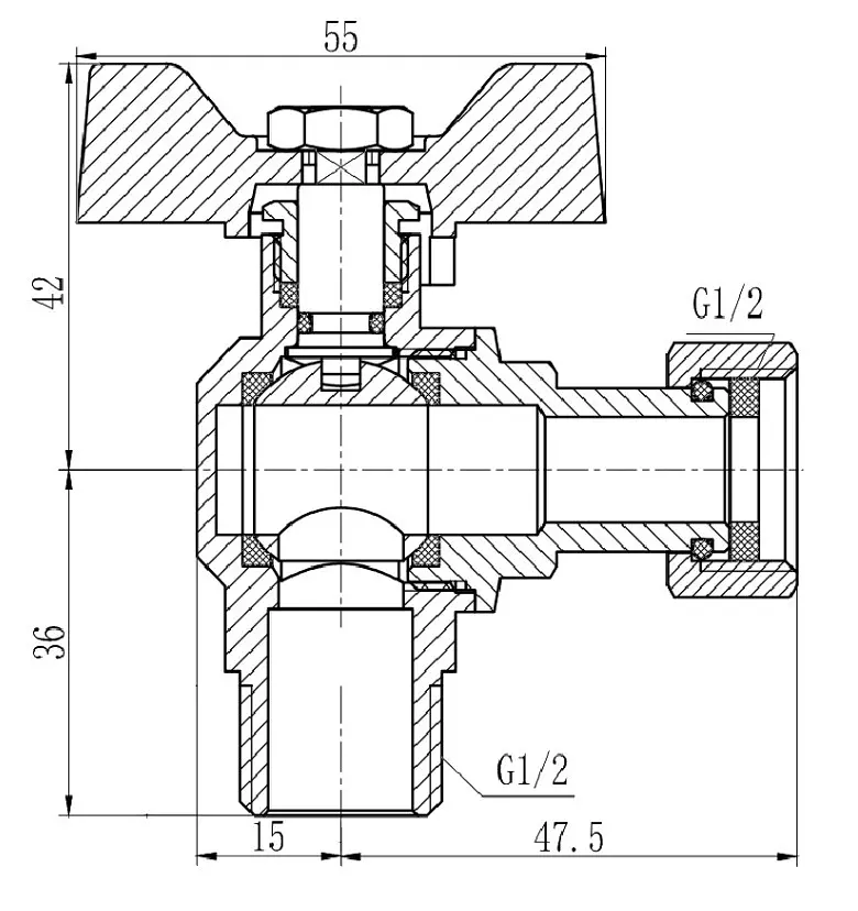 Кран кульовий Thermo Alliance Forte 1/2" ВЗ кутовий, PN40, з накидною гайкою, метелик SF224W15 - фото 4