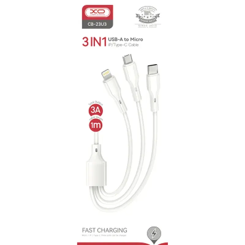 Дата кабель USB 2.0 AM to Lightning + Micro 5P + USB-C 1.0m 2.4A XO (CB-23U3) - фото 3