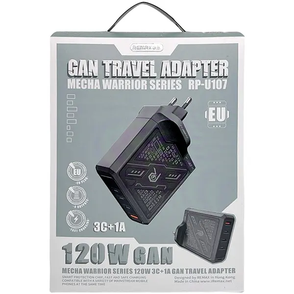 Зарядний адаптер Remax Mecha Warrior 1A+3C RP-U107 швидка зарядка GaN 120W 3xType-C + 1xUSB-A Чорний - фото 6