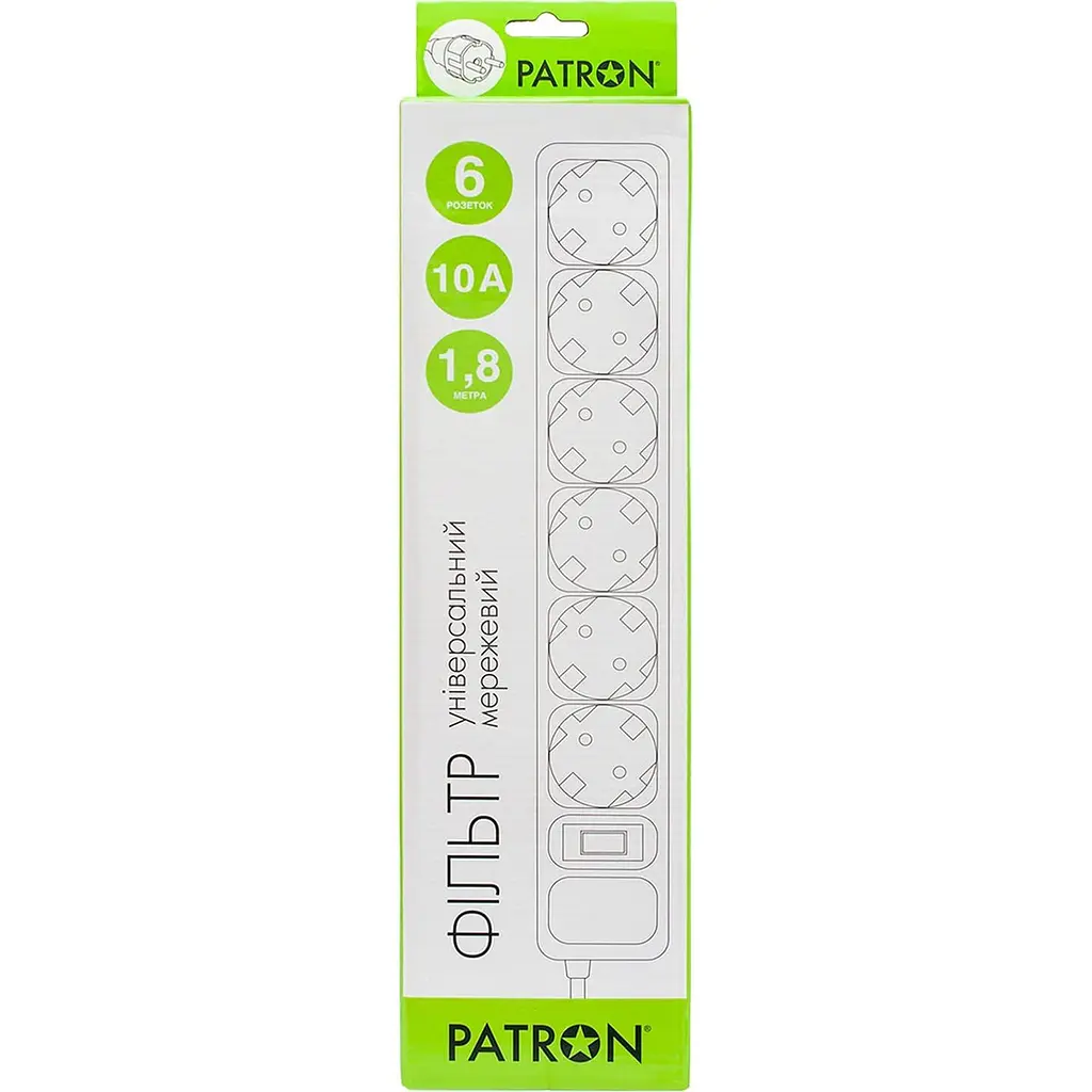 Мережевий фільтр Patron Patron, 6 розеток, 1.8 м, White, 10А, до 2.2 кВт, виключатель, заземление, 3x1 мм² (SP-1062W) (EXT-PN-SP-1062W) - фото 2