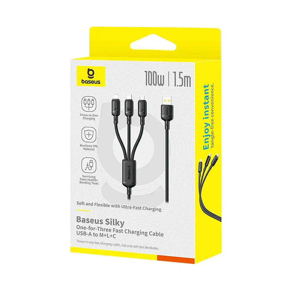 Кабель 3 в 1 Baseus Silky One-for-Three Fast Charging Cable USB-A to M+L+C 100W 1.5 м Чорний - фото 2