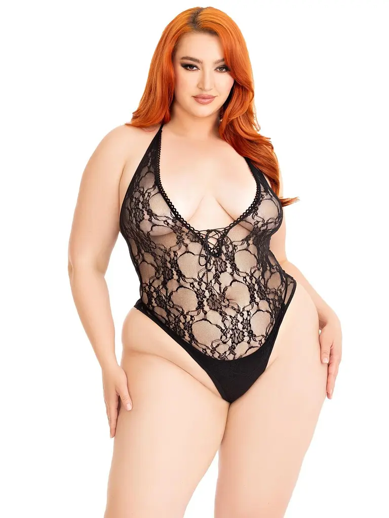 Тедді Leg Avenue Floral lace deep-V teddy, 1X/2X, чорне