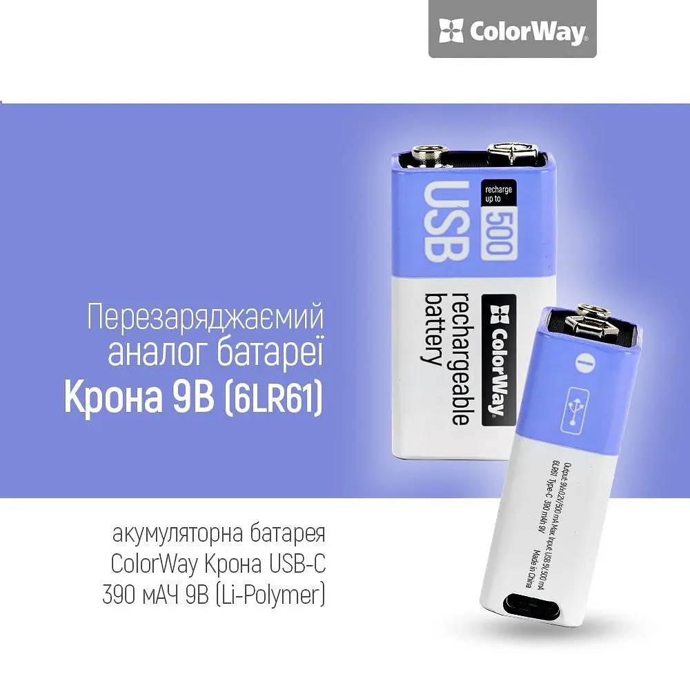 Акумулятор USB-C ColorWay Крона Li-Pol 390 mAh BL (CW-UB9V-06) - фото 3