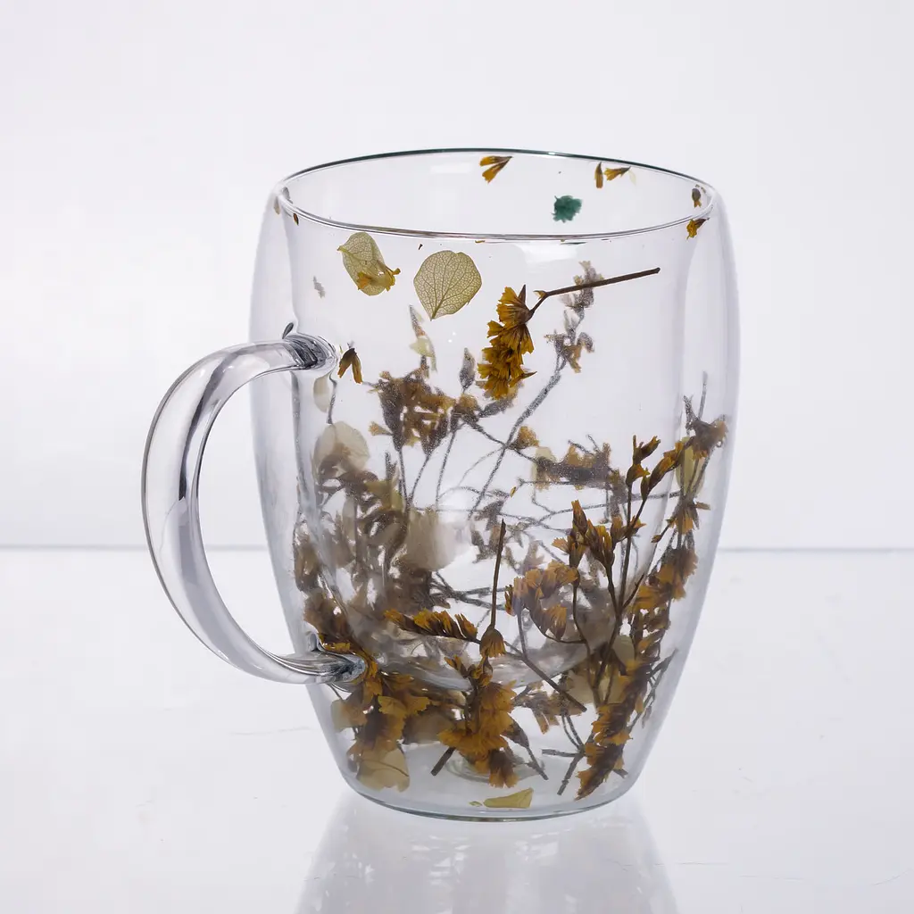 Чашка стеклянная с двойными стенками с декором желтых сухоцветов 350 мл Желтый Yiwu 64486-43 - фото 2