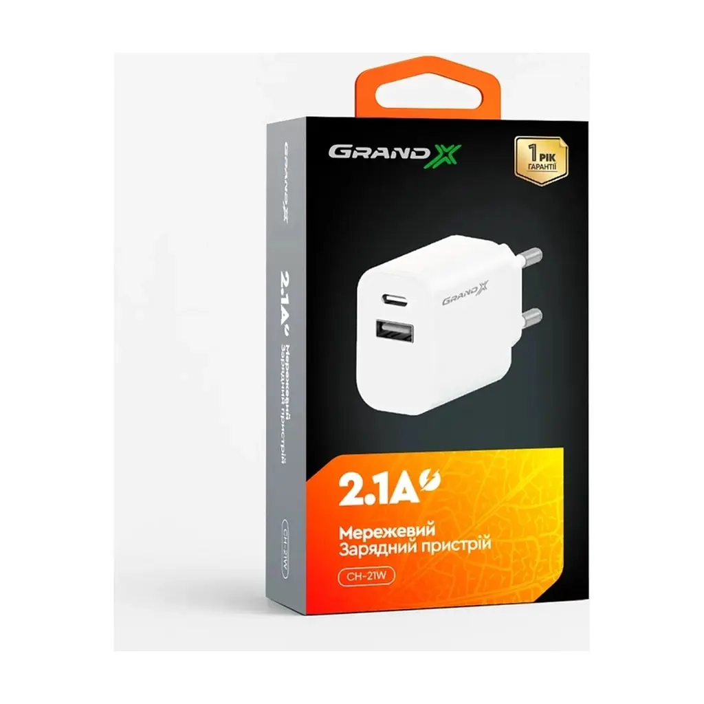 Зарядний пристрій Grand-X 1xUSB-C + 1xUSB 21W OCP white (CH-21W) - фото 5