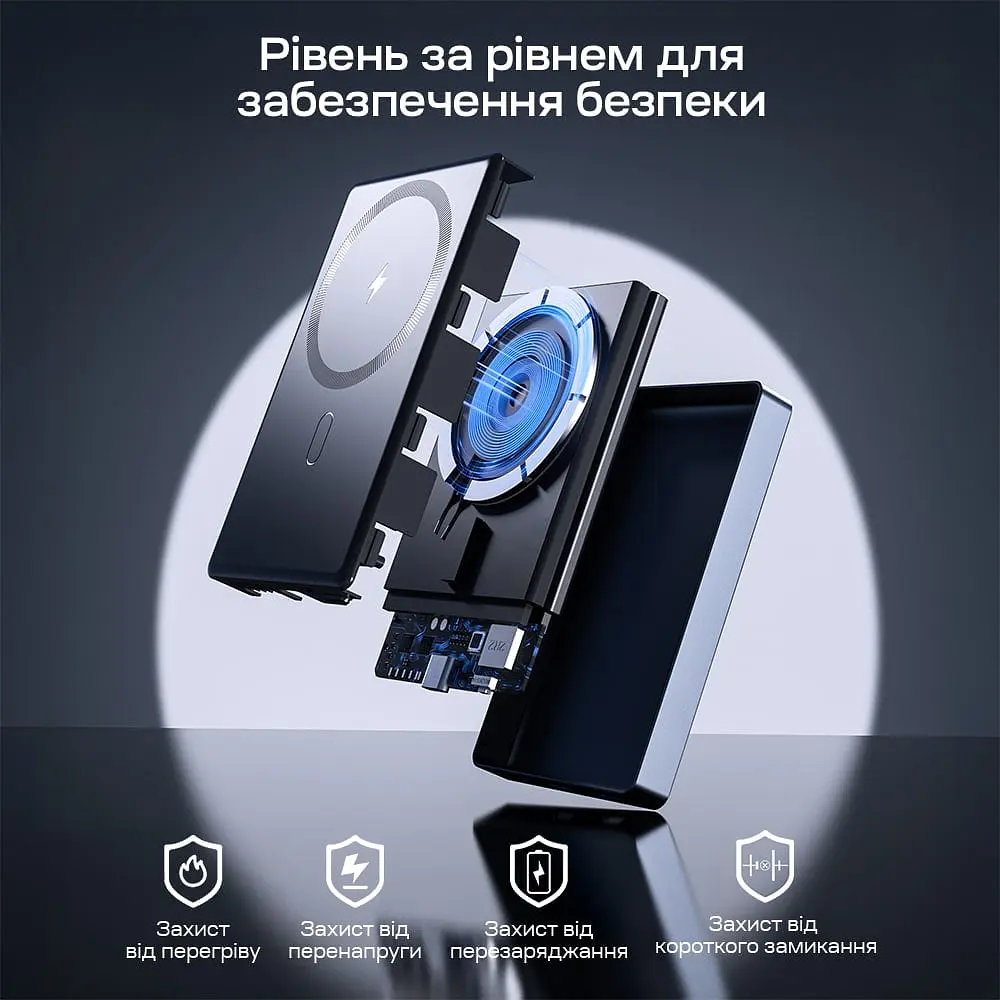 Повербанк 10000mAh Choetech B739 Black QC3.0 PD3.0 бездротова магнітна зарядка (43-00151) - фото 10