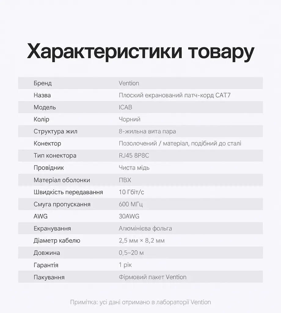Плоский мережевий патч-корд Cat.7 Vention 10 м розмір плоского кабелю 2,5 × 8,2 мм Ethernet-кабель RJ45 8P8C з обох кінців швидкість передавання даних до 10 Гбіт/с екранування алюмінієвою фольгою смуга пропускання 600 МГц чорний із фіолетовими та золотистими акцентами (ICABL) - фото 2