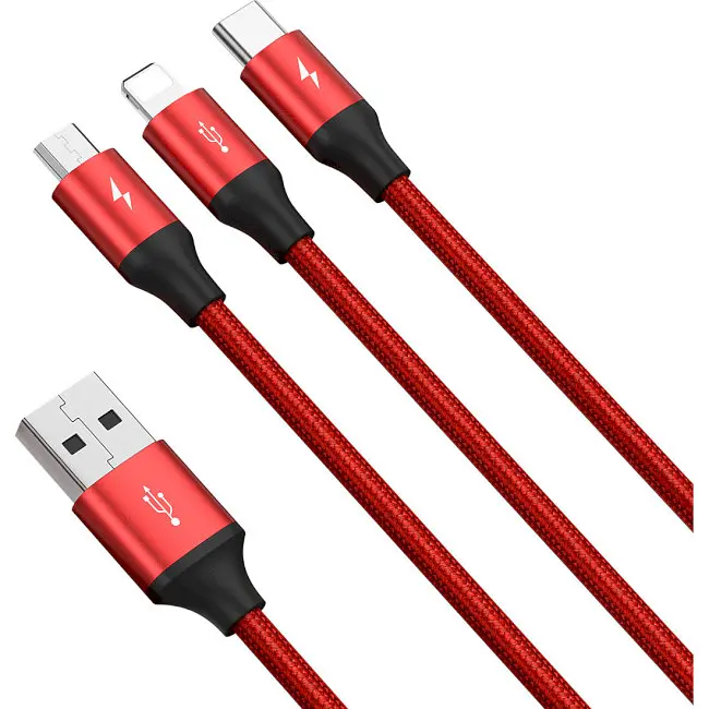 Кабель Baseus Rapid Series 3-in-1 Cable USB to MicroUSB+Lightning+Type-C 2A 1.2m CAJS000009 Red - фото 2