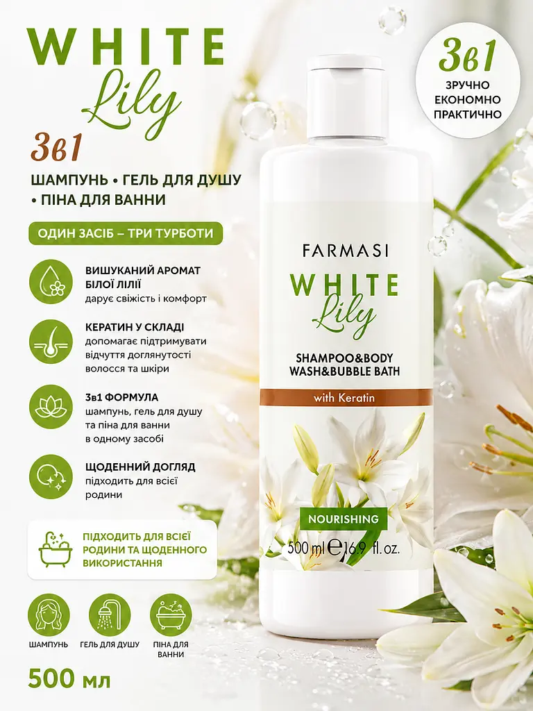 Шампунь, гель для душу та піна для ванни 3 в 1 Farmasi White Lily 500 мл - фото 2