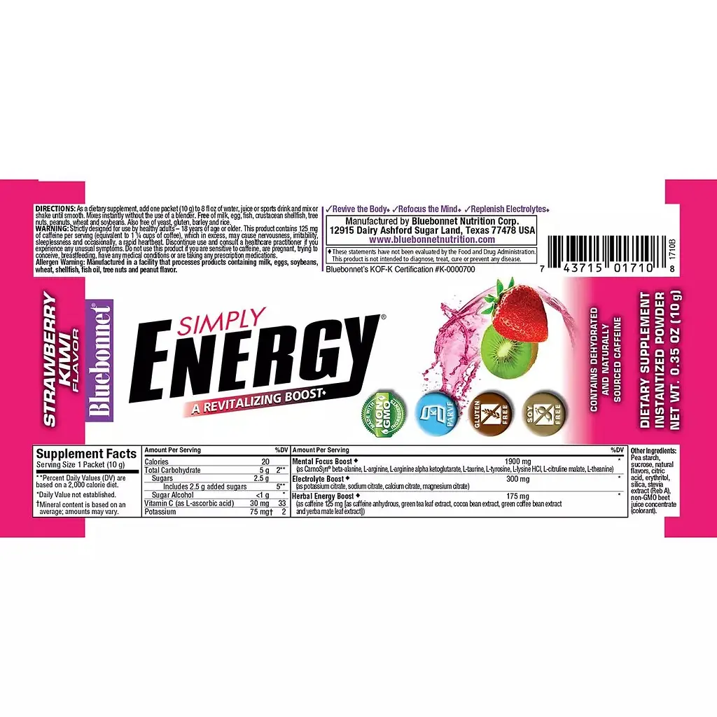Енергетичний напій Bluebonnet Nutrition Simply Energy смак полуниця-ківі 14 пакетиків по 10 г - фото 2