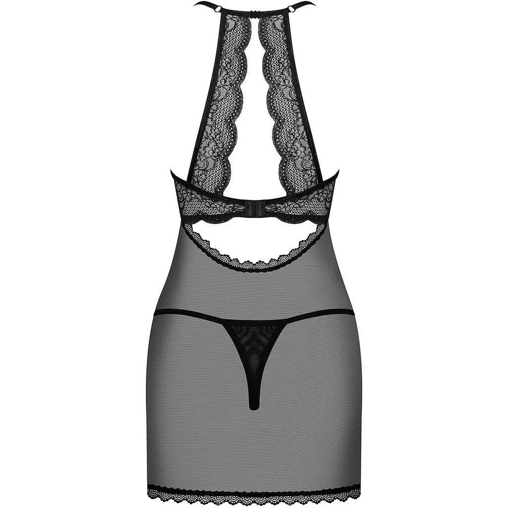 Прозора сорочка з відкритими грудьми Obsessive Pearlove chemise & Thong Black S/M, трусики - фото 4