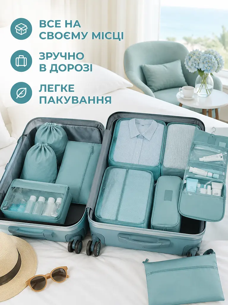 Набір дорожніх органайзерів для валізи 11 в 1 для одягу, взуття та косметики бірюзовий (49676170) - фото 4