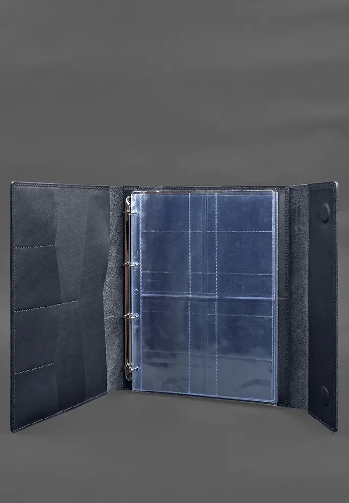 Кожаная папка для документов "Семейная" А4 на сегрегаторе с файлами темно-синяя - фото 3