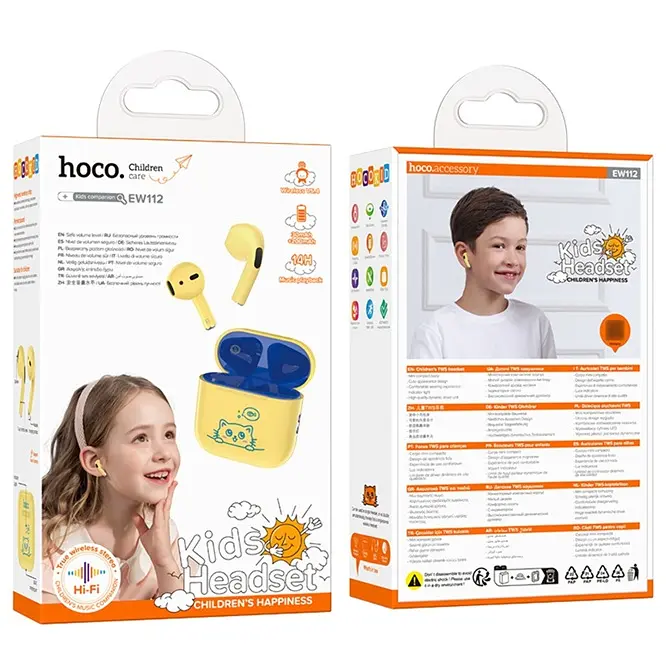 Беспроводные TWS наушники Hoco EW112, вкладыши детские, BT5.4, 30mAh, 200mAh, 4h, yellow - фото 4