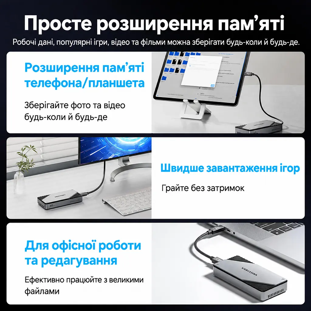 Зовнішній корпус M.2 NVMe SSD Vention USB-C USB 4.0 до 40 Гбіт/с SSD до 8 ТБ формати 2230/2242/2260/2280 ключі B&M Key та M Key вентилятор з авторегулюванням швидкості Thunderbolt 3/4 Windows Linux Mac OS Android iOS монтаж без інструментів UASP TRIM SMART сон через 5 хв алюмінієвий сплав кабель USB 4.0 USB-C ↔ USB-C 0,3 м і силіконова термопрокладка в комплекті сріблясто-сірий із темно-сірими акцентами (KPZH0) - фото 13