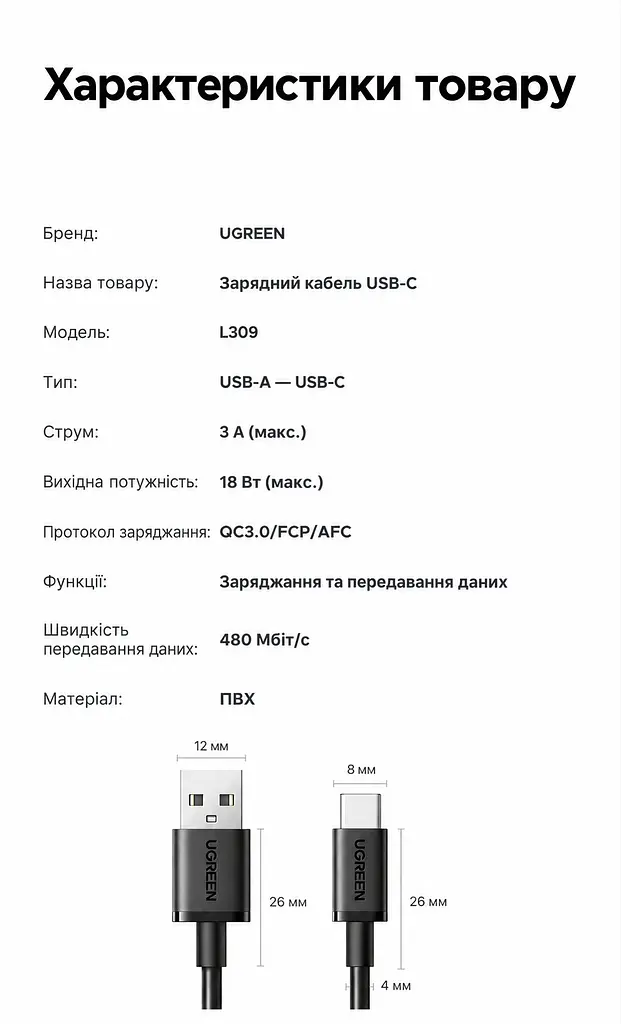 Кабель UGREEN L309 USB-A - USB-C QC 3.0 18 Вт 1 м чорний (85201) - фото 2