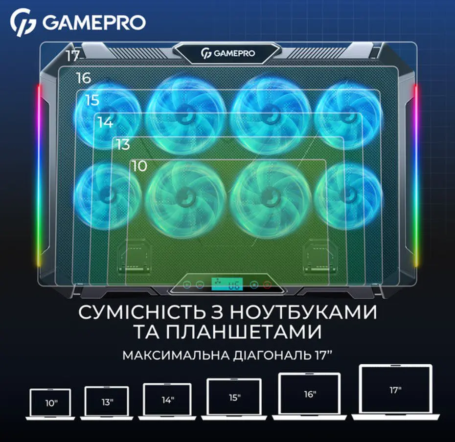 Охолоджувальна підставка для ноутбука до 17,3 дюймів GamePro GPCP-795 RGB 2xUSB 8xfans - фото 10