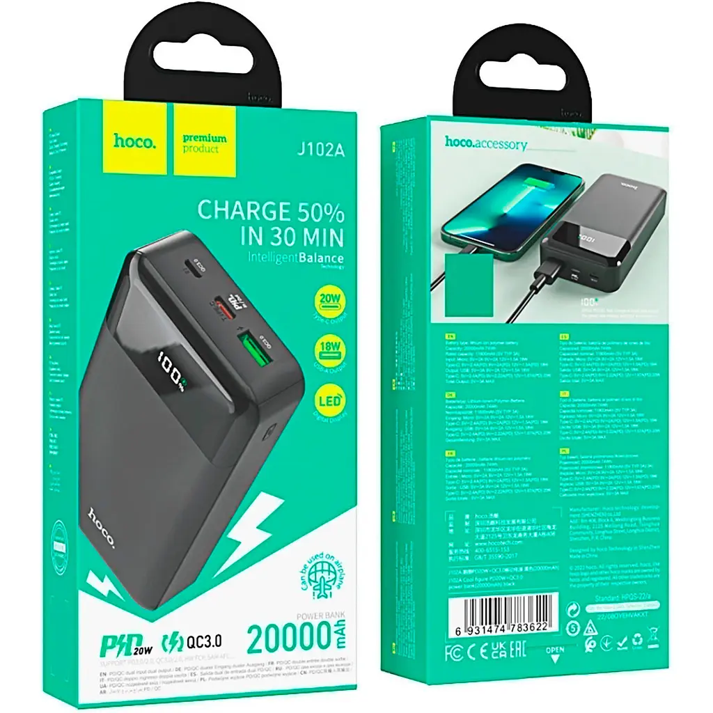 Внешний аккумулятор Hoco J102A Cool Figure 20000mAh 20W Black [101324] - фото 4