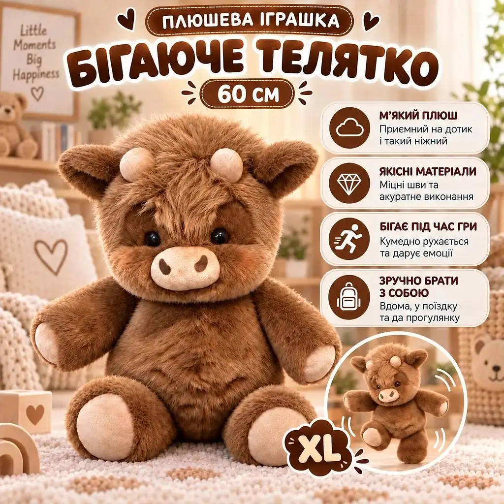 М'яка іграшка Бігаюче телятко 60 см Плюшевий бичок що бігає Коричневий - фото 2