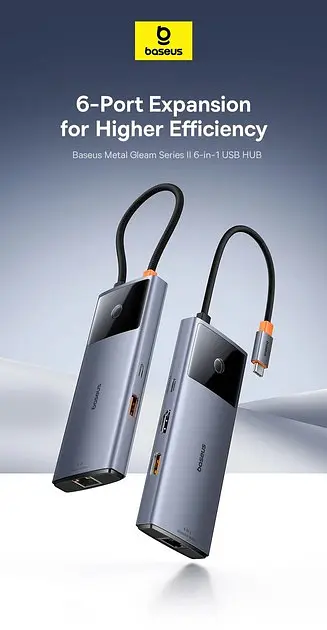 Хаб адаптер док-станция Baseus 6-in-1 Metal Gleam Series II USB-C to HDMI + LAN (RJ-45) B00061802813-00 - фото 2