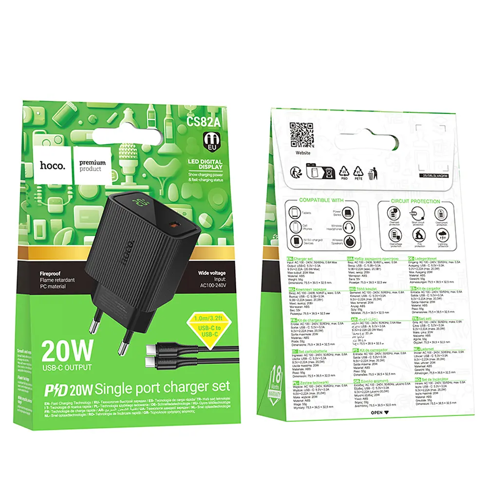 МЗП Hoco CS82A Excellent single port PD20W charger with digital display set(Cto C)(EU) Black - фото 2