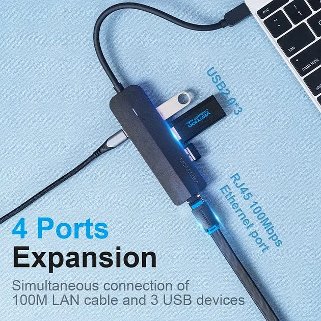 Хаб USB 3.1 Type-C -> 3xUSB 2.0/MicroUSB/RJ45 100Mb Ethernet Black Vention - фото 4