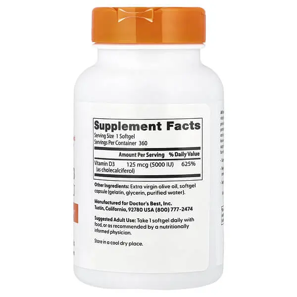 Вітамін D Vitamin D3 125 mcg 5000 IU 360 капсул Doctor's Best vit0006413 - фото 2