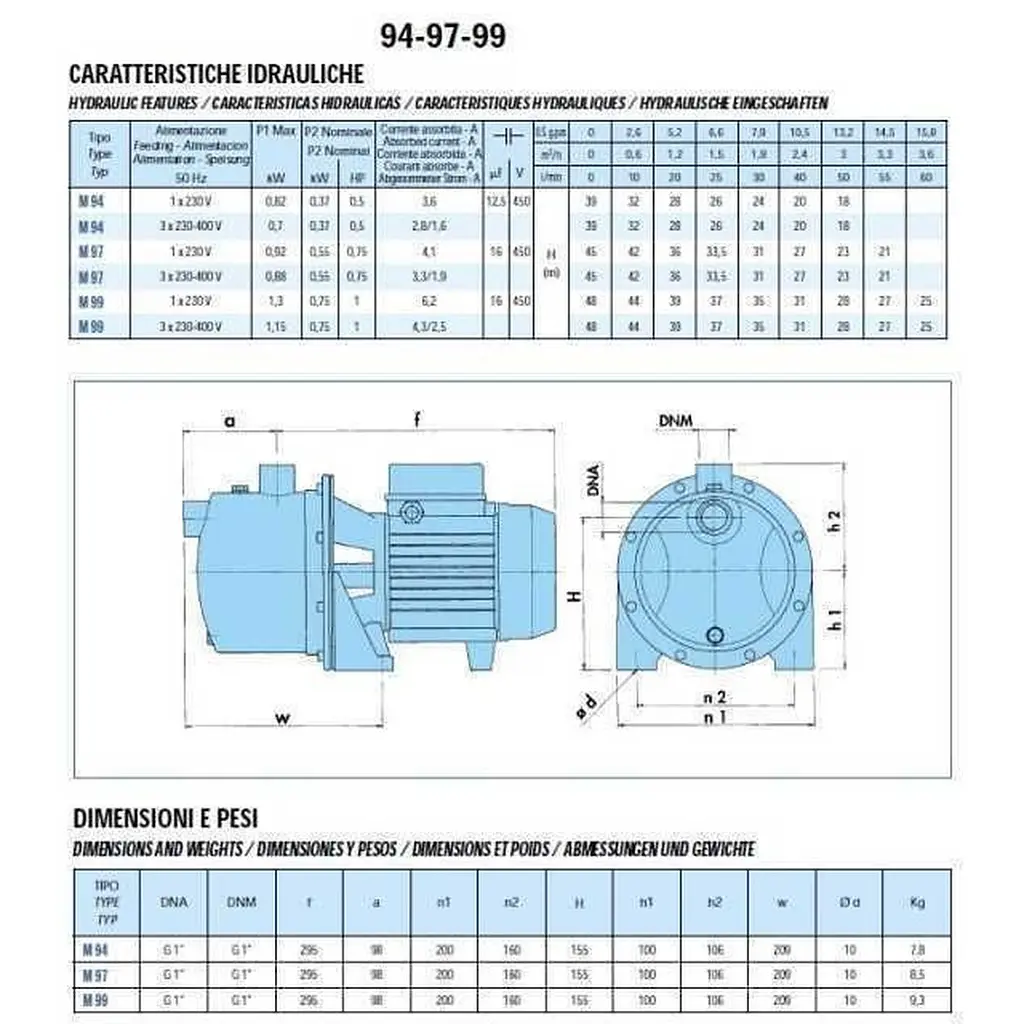 Насос відцентровий Saer M-97-N PL нерж. 0,55 кВт (3,3 м3/год, 45 м) - фото 2