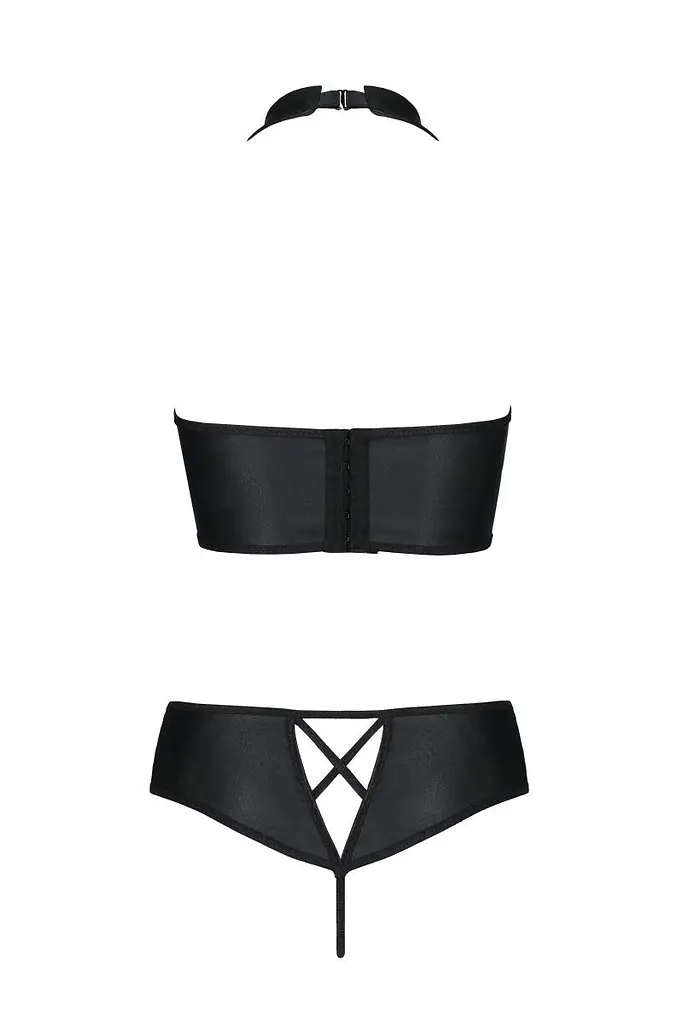 Комплект з еко-шкіри: бра та трусики з імітацією шнурівки Passion Nancy Bikini, S/M, чорний - фото 6