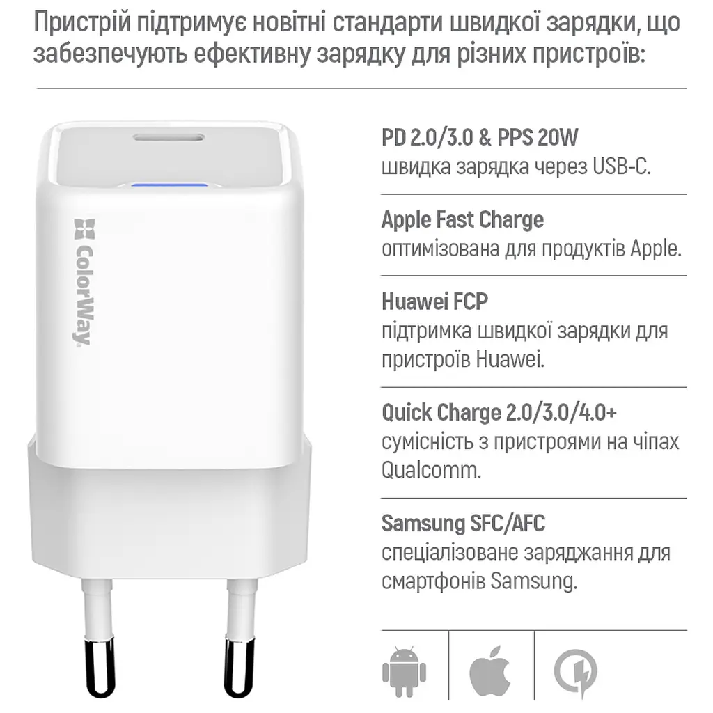 Зарядний пристрій ColorWay C101D GaN Mini 20 Вт PD PPS USB-C + кабель USB-C — Lightning білий (CW-CHS059PDL-WT) - фото 10