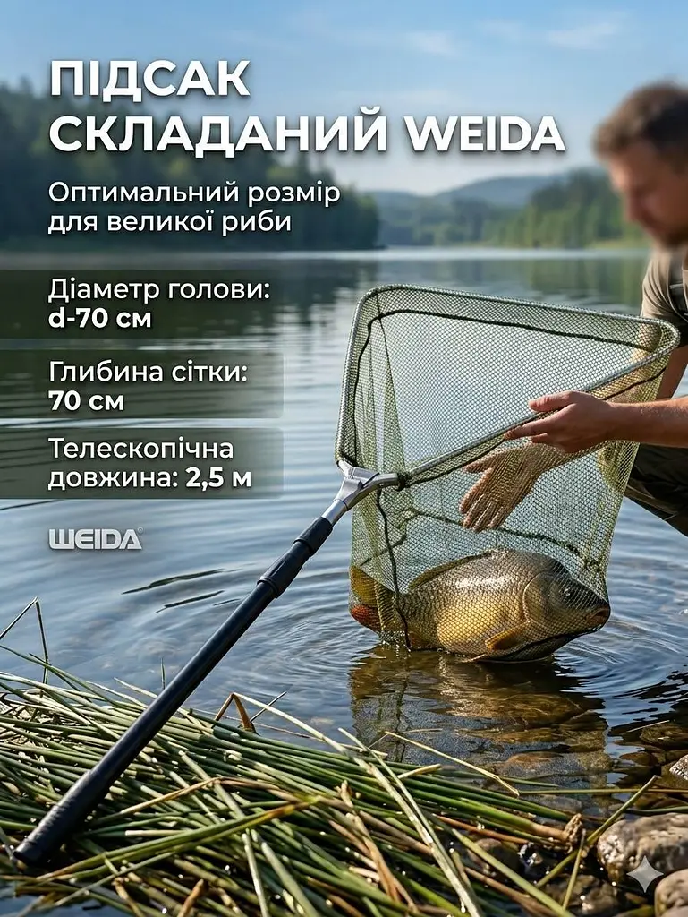 Підсак складаний WEIDA d-70 см, глибина 70 см, довжина 2,5м - фото 5