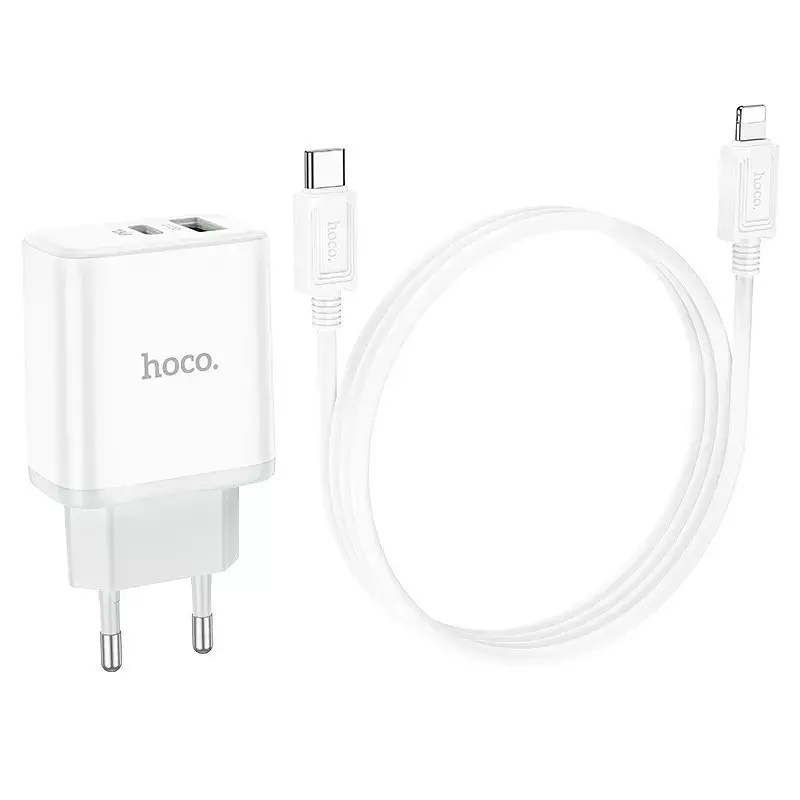 Мережевий адаптер живлення Hoco C105A 20W Type-C та USB зі швидкою зарядкою та кабелем Type-C to Type-C білий - фото 3