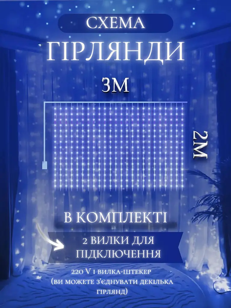 Світлодіодна штора на вікно новорічна гірлянда Синій (30307093) - фото 3