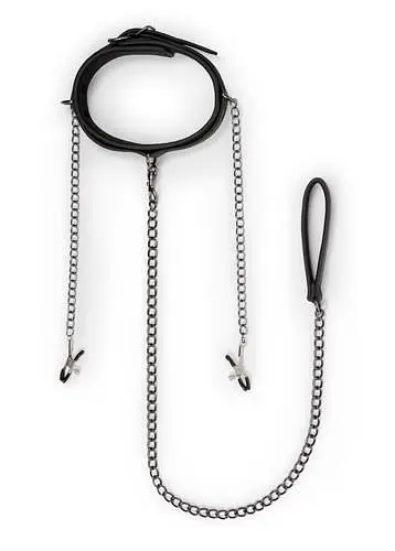 Нашийник EasyToys Leather Collar With Nipple Chains (чорний) - фото 2
