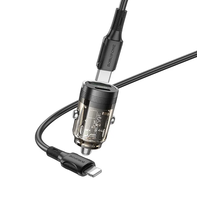 АЗП Borofone BZ29A Talented PD36W+QC3.0 (1C1A) + Type-C to Lightning Transparent black - фото 2