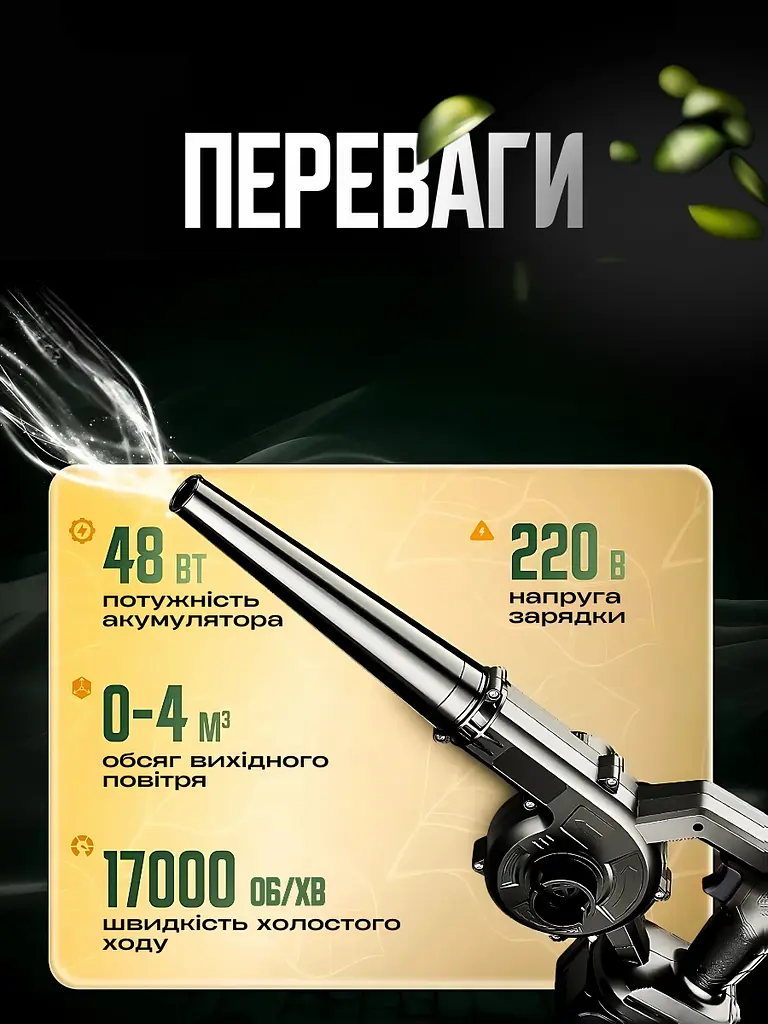 Повітродувка-пилосос бездротовий акумуляторний електрична 2в1 4000 мАч, чорний (4413786892) - фото 3