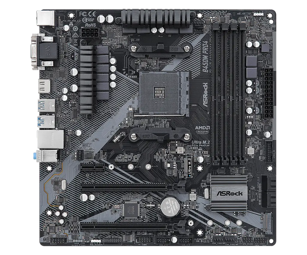 Мат.плата AM4 (B450) AsRock B450M Pro4 R2.0, B450, 4xDDR4, CrossFire, Int.Video(CPU), 4xSATA3, 1xM.2, 1xPCI-E 16x 3.0, 1xPCI-E 16x 2.0, 1xPCI-E 1x 2.0, ALC892, RTL8111H, 8xUSB3.2/4xUSB2.0, VGA/DVI-D/HDMI, MicroATX - фото 2